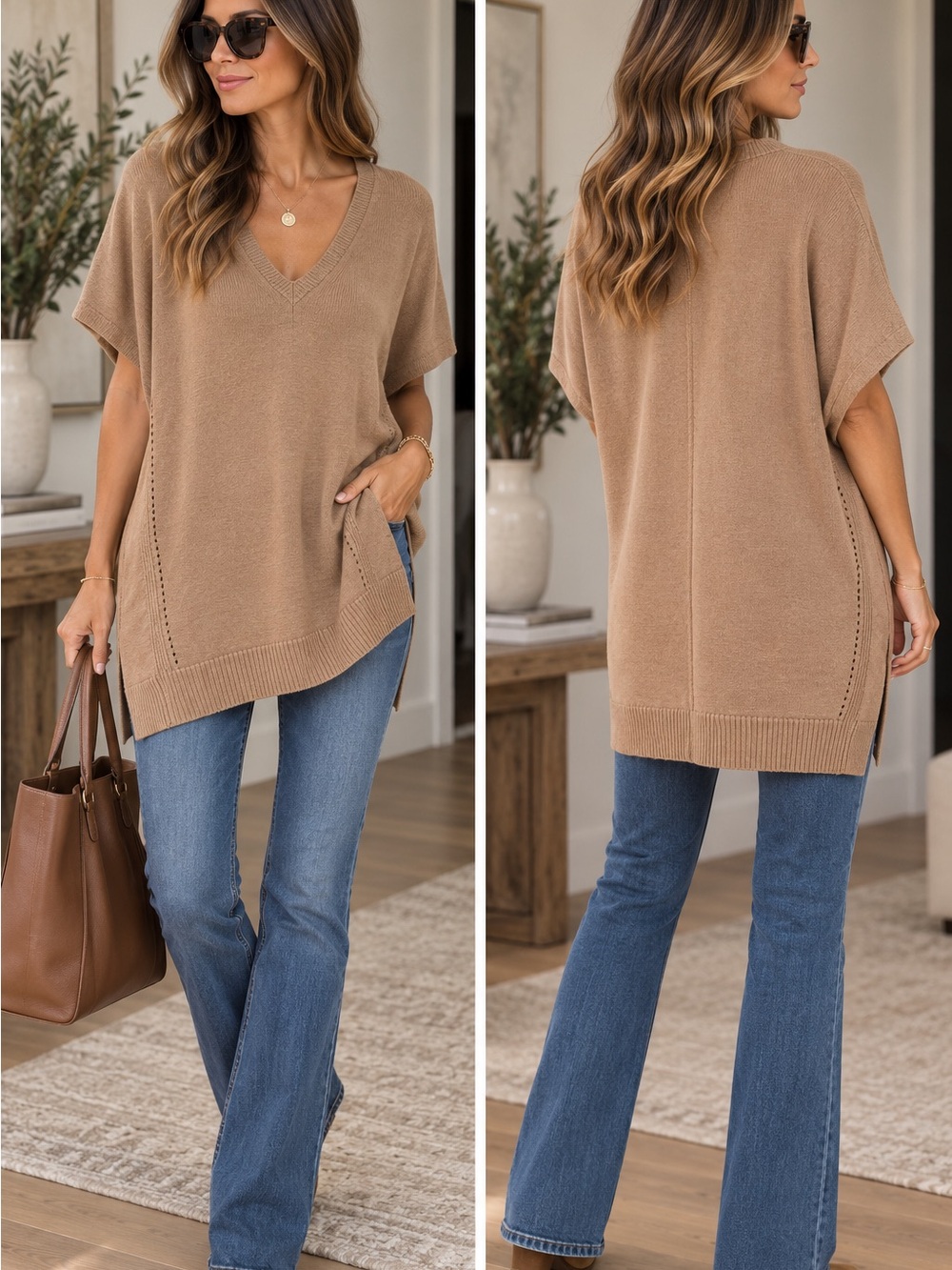 🔹 Old Navy Camel Tan V-Neck Poncho Tunic Sweater Size Medium
